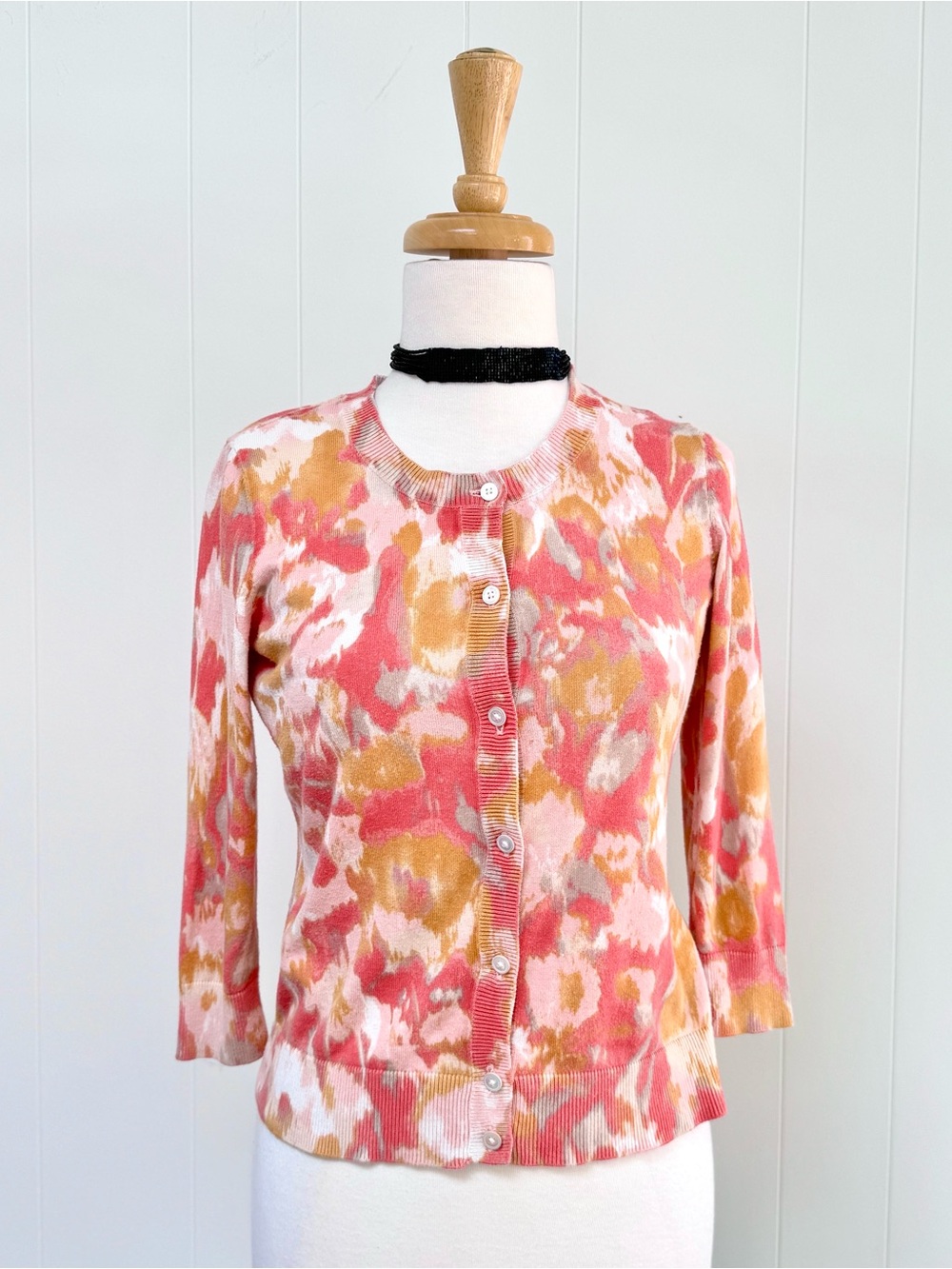 Talbots Watercolor Print Button-Down Cardigan Pink Tan Petite P 3/4 Sleeves